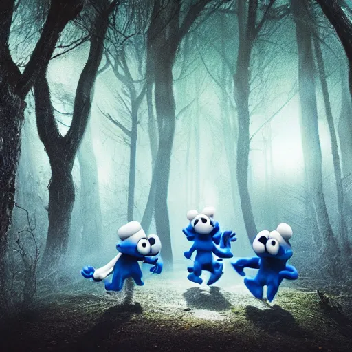 Image similar to demonic smurfs in magical forest, dark atmosphere, high detail, 8 k