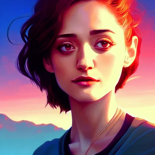 Prompt: Emmy Rossum, sunset, portrait, intricate, highly detailed, digital painting, artstation, official media, anime key visual, concept art, rich vivid colors, ambient lighting, sharp focus, illustration, art by Artgerm, Makoto Shinkai, Ilya Kuvshinov, Lois Van Baarle, and Rossdraws