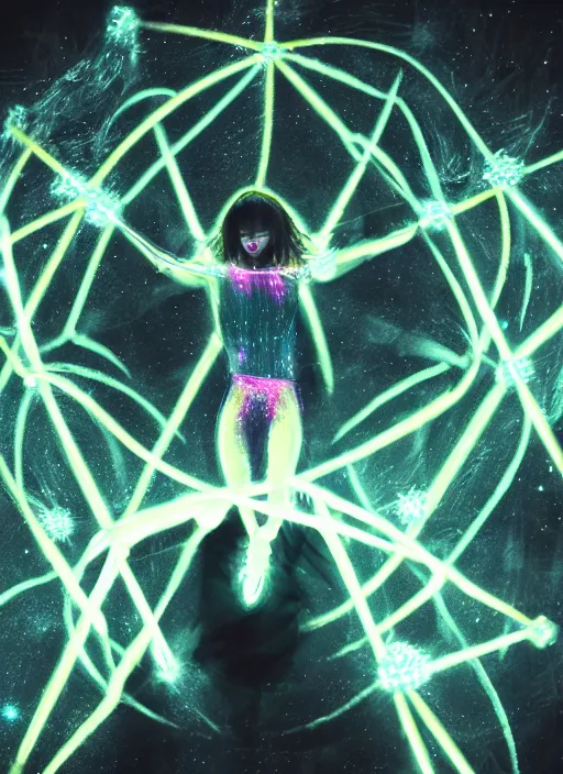 Prompt: symmetrical female ascending, glowing third eye, particle glowing aura, motion blur, film grain, cinematic lighting, experimental film, shot on 1 6 mm, luminol light, in the style of studio ghibli