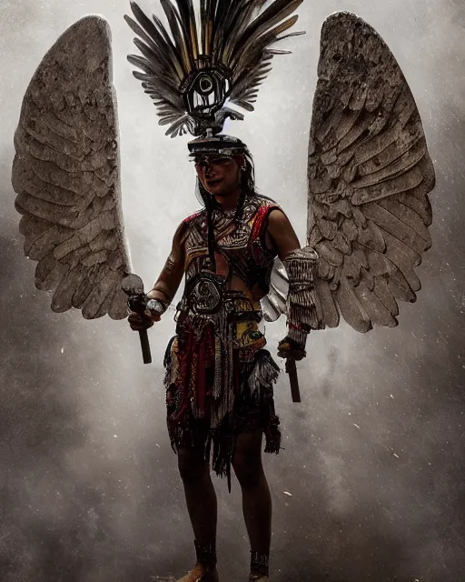 Image similar to a tupi guarani warrior with angelic wings, by tsuyoshi nagano, by greg rutkowski, dramatic lighting, blood, god rays, angelical, symmetrical, intricate, detailed, cinematic, masterpiece, extreme details, volumetric light