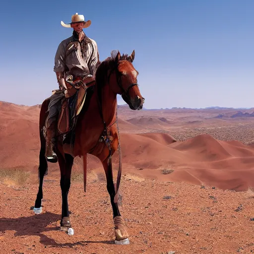 Prompt: gunslinger on a horse overlooking the desert, by Bruce Trimm and Eric Radomski