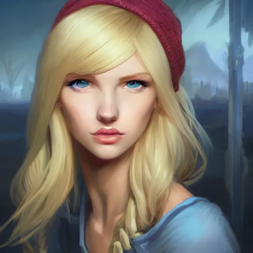 Image similar to portrait of beautiful girl with blond hair and blue eyes, League of Legend illustration by Sam Youn:1, profile picture by Gil Elvgren:2, Krenz Cushart:2, asymmetrical, Organic Painting, Ambient Occlusion:3, Matte Painting, bold shapes, hard edges, street art, trending on artstation, realistic:2 by Sachin Teng:5