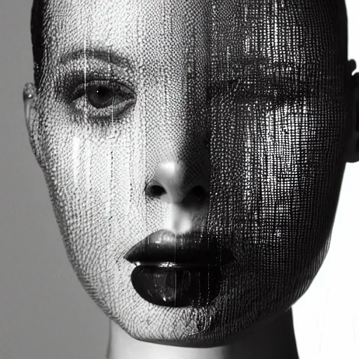 Prompt: close up of head of a fashion model, in glass cube, editorial of dior magazine, photo from below, highly detailed