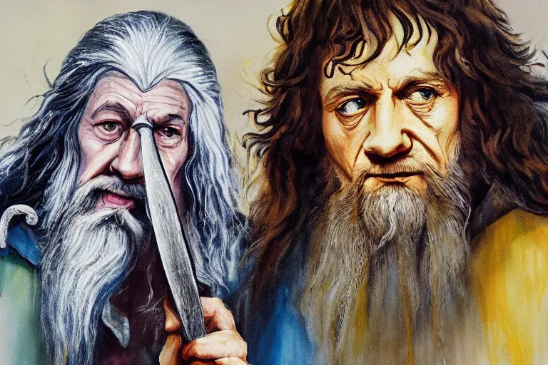 Image similar to gandalf and hobbit frodo painted in the style of francis bacon, expressionist, 4 k, realistic