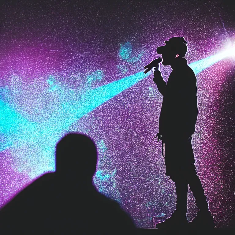 Prompt: rapper using microphone, epic angle, profile view, silhouetted, distinct, psychedelic hip-hop, laser light show, beams of light