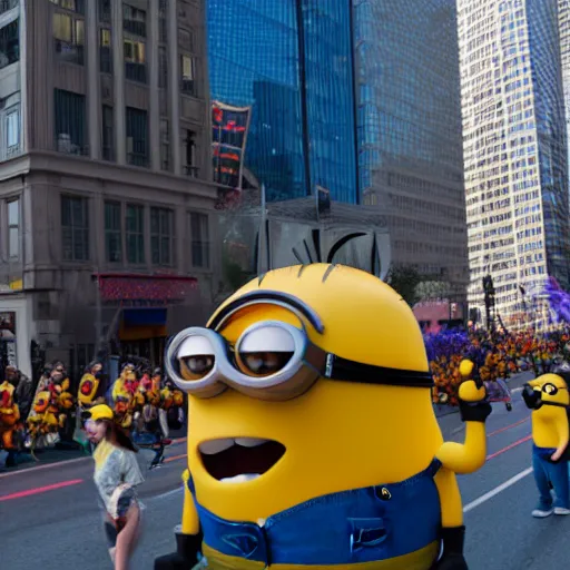 Prompt: photo of giant minion parade float in the macys thanksgiving parade, detailed 4 k photo