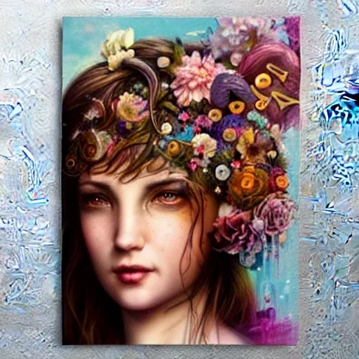 Image similar to Lofi biopunk portrait beautiful woman with short brown curly hair, roman face, unicorn, rainbow, floral, Pixar style, Tristan Eaton, Stanley Artgerm, Tom Bagshaw