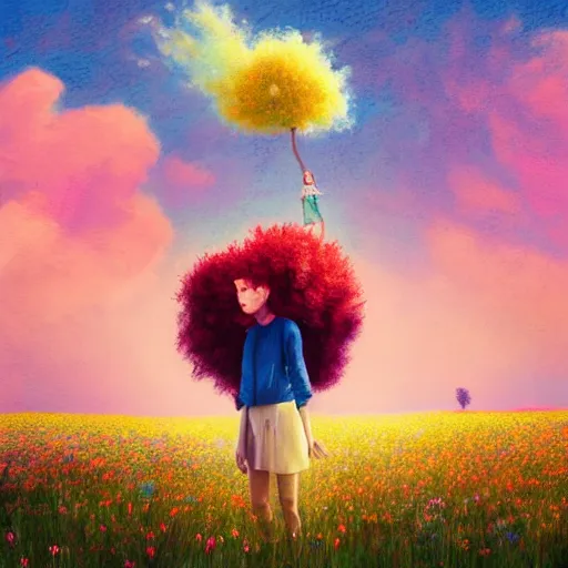 Prompt: exploding flower afro, full body, girl standing in the middle of a field with flowers, surreal photography, hills, sunrise dramatic light, impressionist painting, colorful clouds, digital painting, pointillism, artstation, simon stalenhag