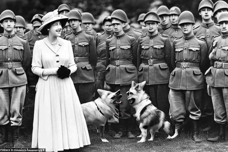 Prompt: ultra wide 1 9 4 6 historical far away photo of young queen elizabeth and her corgi army accepting the surrender of the german army, highly detailed