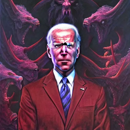 Image similar to epic Joe Biden in pandemonium, demons and souls, portrait, art by Wayne Barlowe, oil on canvas