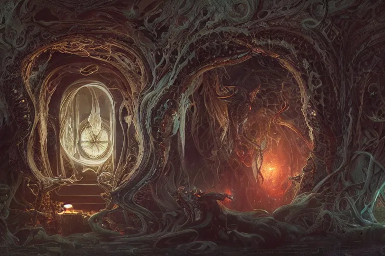 Image similar to a lovecraftian painting of a demonic portal, cosmic horror elements, ultra realistic, concept art, intricate details, eerie, highly detailed, photorealistic, octane render, 8 k, unreal engine. art by artgerm and greg rutkowski and alphonse mucha