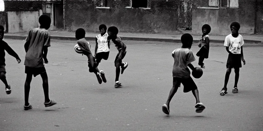 Image similar to street, black kids playing football, 1 9 8 0 s film photography, exposed b & w photography, christopher morris photography, bruce davidson photography, peter marlow photography