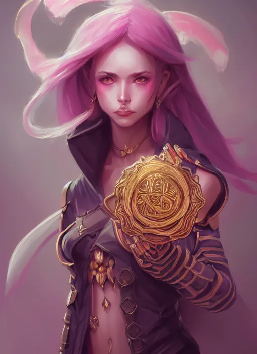 Prompt: beautiful and cool female dark magician, wide angle view, flowers, skulls, black, white, pink, gold colors, shiny, highly detailed, artgerm, cushart krenz, artstation, soft light, sharp focus, illustration, character design, concept art