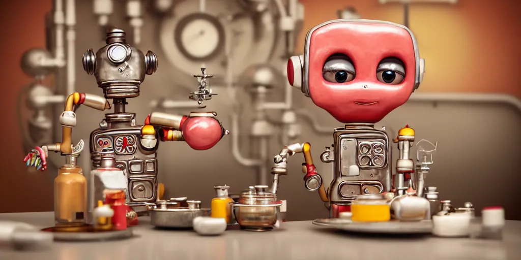 Image similar to closeup portrait of tin toy retro chemist robot cooking pastry cake in a kitchen, depth of field, zeiss lens, detailed, centered, fashion photoshoot, by nicoletta ceccoli, mark ryden, lostfish, breathtaking, 8 k resolution, extremely detailed, beautiful, establishing shot, artistic, hyperrealistic, octane render