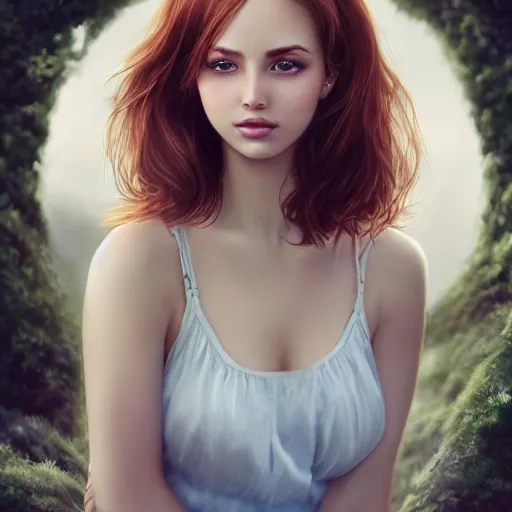 Image similar to a gorgeous female photo, professionally retouched, soft lighting, wearing sundress, illuminated by moonlight realistic, smooth face, redhead, light freckles, perfect eyes, wide angle, sharp focus on eyes, 8 k high definition, insanely detailed, intricate, elegant, art by artgerm and wlop