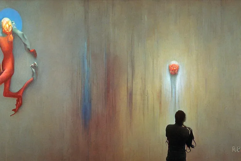 Prompt: painting on the wall in the huge surreal art gallery, art deco, by rutkovski and beksinski