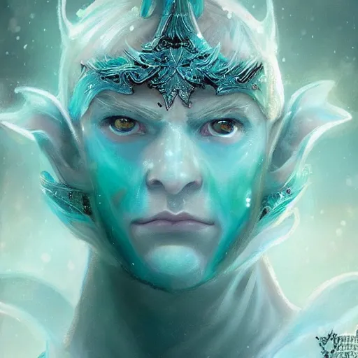 Prompt: handsome male snow elf in a turquoise cape and silver ornate armour, highly detailed face, albino skin, pointed ears, ethereal opalescent mist, moonlight snow, fantasy art, perfect face, elegant, very coherent symmetrical artwork, atmospheric lighting, rule of thirds, by wenjun lin, krenz cushart, charlie bowater, trending on artstation
