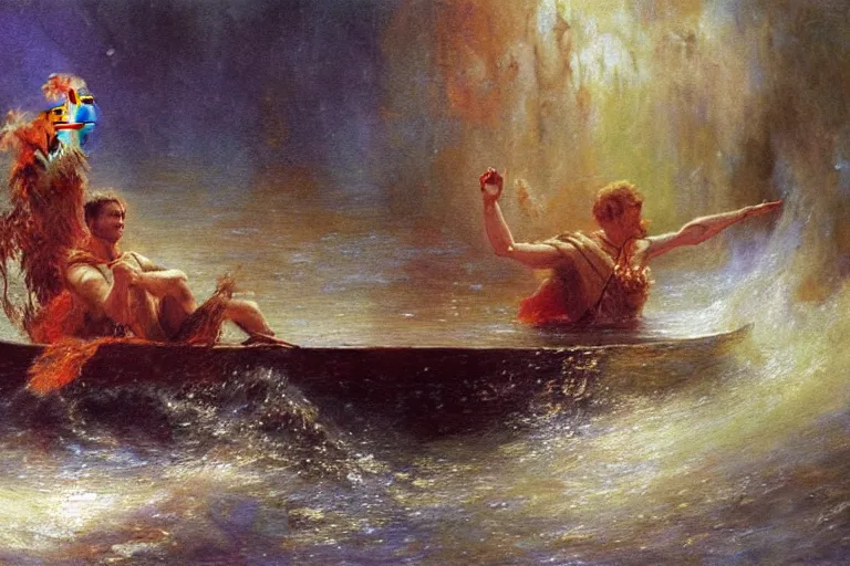 Image similar to illustration of a black river in the astral plane with black oozing arms reaching out of the water. a man on a boat paddles down the river. art by gaston bussiere.