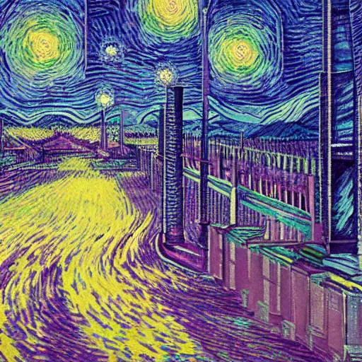 Image similar to vaporwave dreamscape, urban decay, by van gogh