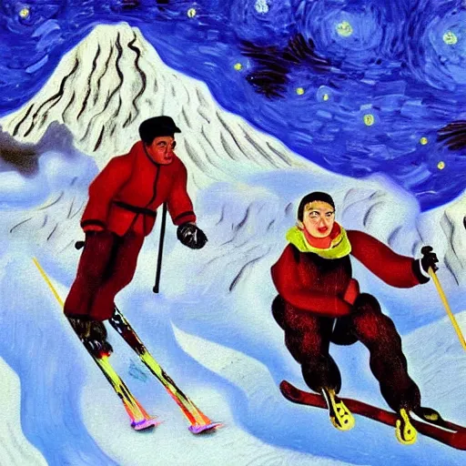 Prompt: oil painting of Frida kahlo skiing down mount Everest with Salvador Dali, in the style of van Gogh