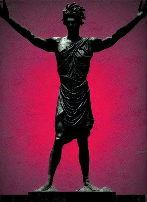 Image similar to black background with subtle red and purple design elements, greco roman statue, grey, nekro, collage art, thin lines, dark, glitch art, neo vaporwave, gritty, layout frame, trending on artstation