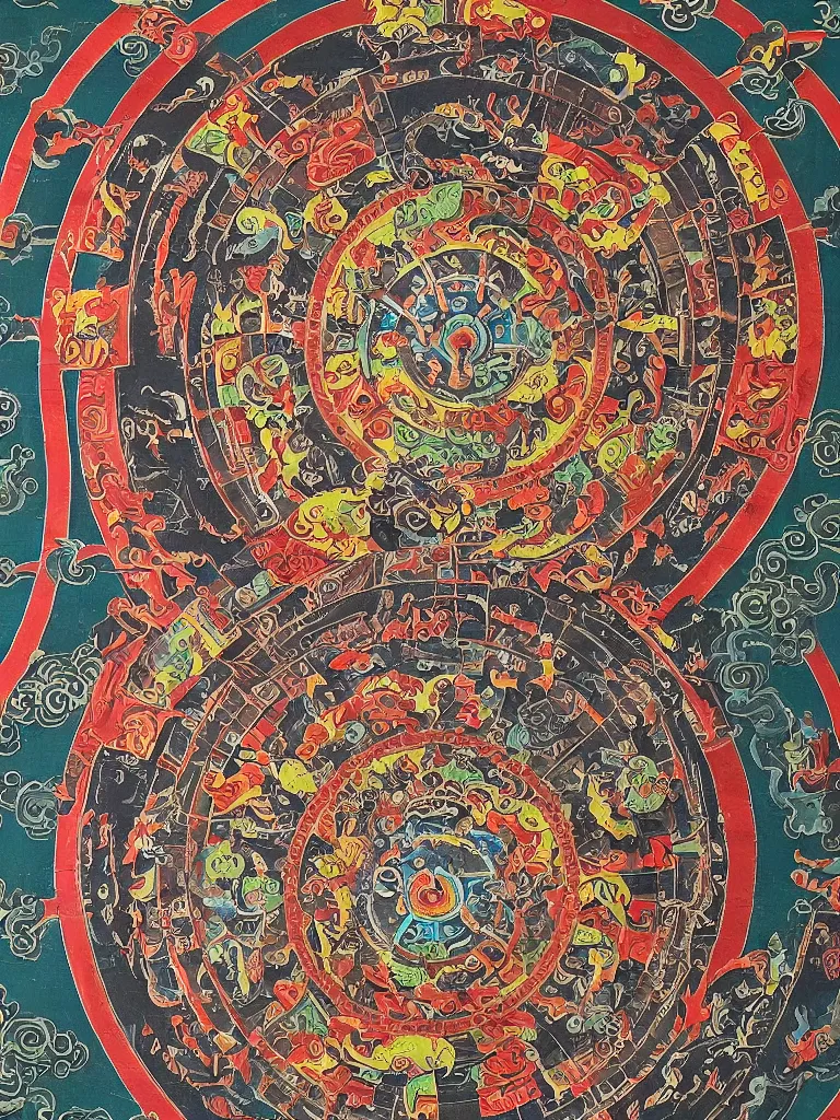 Prompt: Industrial, toxic, ravaged, apocalyptic land. Tibetan wheel of life Thangka.