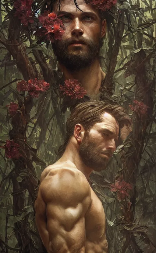 Image similar to god of the forest, 3 0 years old, rugged, handsome, male, detailed face, clean lines, atmospheric lighting, amazing, full body, flowers, muscular, intricate, highly detailed, digital painting, artstation, concept art, sharp focus, illustration, art by greg rutkowski and alphonse mucha