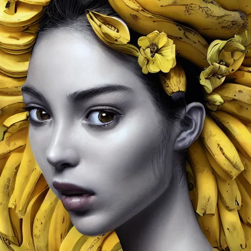 Prompt: the portrait of an absurdly beautiful, graceful, elegant young woman made of bananas and petals, an ultrafine detailed illustration by kim jung gi, irakli nadar, intricate linework, bright colors, final fantasy, angular, unreal engine 5 highly rendered, global illumination, radiant light, detailed and intricate environment
