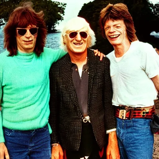 Image similar to jimmy savile on holiday with mick jagger and david bowie