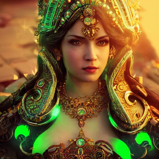 Image similar to photograph of wonderful princess with fair skin, green jewelry, breathtaking, ornate, intricate, hyper detailed, accent lighting, dramatic light, 4 k octane render