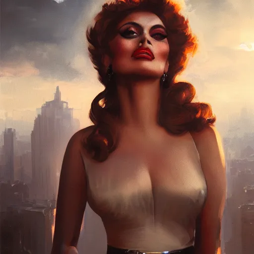 Image similar to closeup portrait of a young sophia loren, 1 9 2 0 s, femme fatale, city background, megacity, high fantasy, dramatic light, gorgeous view, depth, high detail, digital art, painted by greg rutkowski, trending on artstation