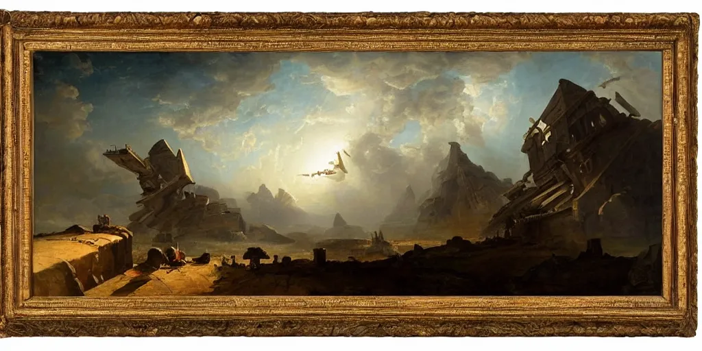 Image similar to hubert robert simonetti rutkowski epic painting watching spaceship starship in the sky, background is mesoamerican truncated pyramid