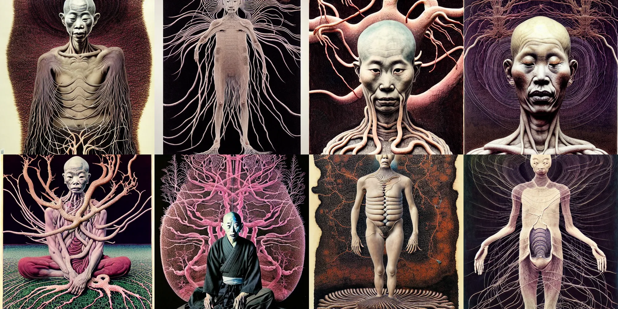 Prompt: ancient japanese monk, by kiki smith, by zdzisław beksinski, by wangechi mutu, full body, zoomed out, mycelium, mycena acicula, tremella - fuciformis, insanely detailed and intricate, hypermaximalist, elegant, ornate, hyper realistic