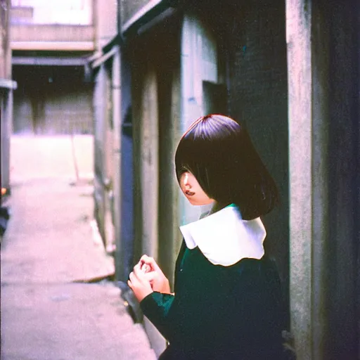 Prompt: a perfect 8K HD professional photo of close-up japanese schoolgirl posing in sci-fi dystopian alleyway, at instagram, Behance, Adobe Lightroom, taken with polaroid kodak portra