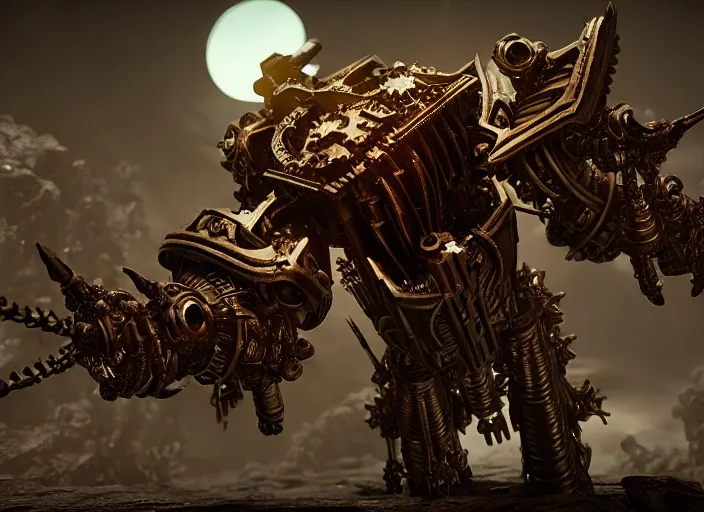 Image similar to mechanical albedo from overlord. Intricate. Very detailed 8k. Fantasy horror. Sharp. Cinematic post-processing. Unreal engine. Nanite. Ray tracing. Parallax. Tessellation