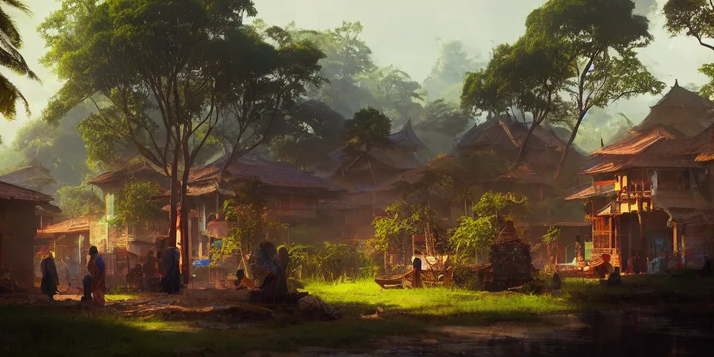 Image similar to kerala village, sharp focus, wide shot, trending on ArtStation, masterpiece, by Greg Rutkowski, by Ross Tran, by Fenghua Zhong, octane, soft render, oil on canvas, colorful, cinematic, environmental concept art