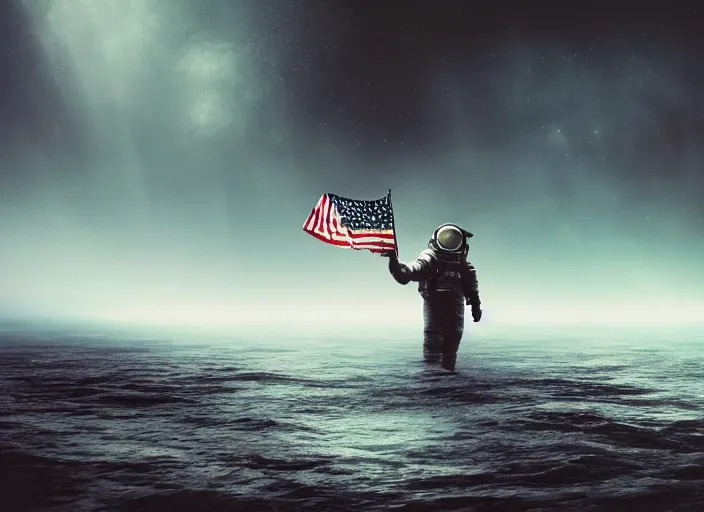 Image similar to astronaut holding a flag in an underwater desert. a submarine is visible in the distance. dark, concept art, cinematic, dramatic, atmospheric, 8 k, trending on artstation, blue, fish, low visibility, fog, ocean floor, christopher nolan, interstellar