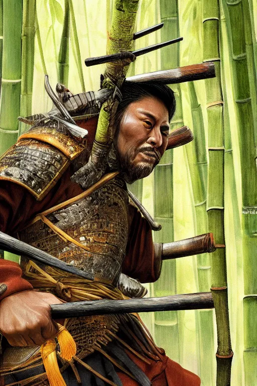 Image similar to close up of samurai warrior in a bamboo forest, a realistic illustration by david benzal, eddie mendoza