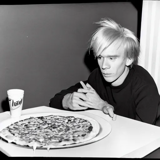 Prompt: a photo of andy warhol eating a delicious slice of pizza