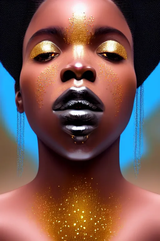 Prompt: hyperrealistic precisionist cinematic profile very expressive! black oshun goddess, in water! up to shoulders, mirror dripping droplet!, gold flowers, highly detailed face, digital art masterpiece, smooth eric zener cam de leon, dramatic pearlescent turquoise light on one side, low angle uhd 8 k, 1 4 mm focal length