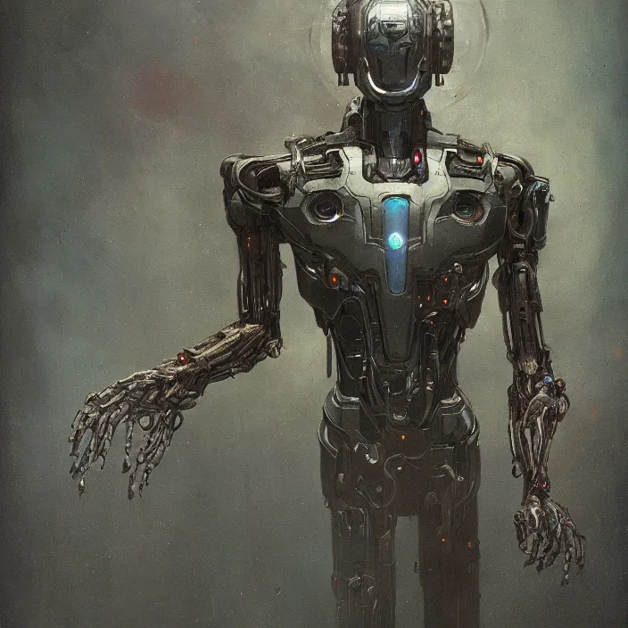 Prompt: portrait of a geen metal Ultron from Age of Ultron, clockwork steampunk, by Beksinski, trending on artstation, 4k