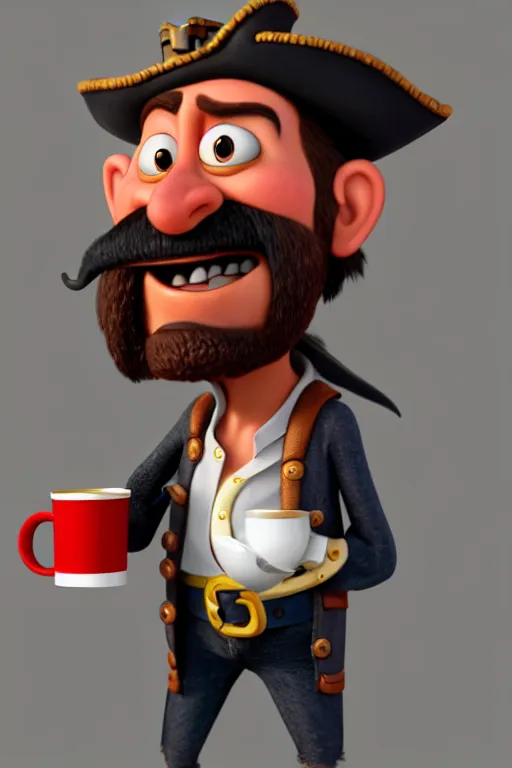 Image similar to portrait of the pirate blackbeard holding a cup of coffee, full body. pixar disney 4 k 3 d render funny animation movie oscar winning trending on artstation and behance. ratatouille style.