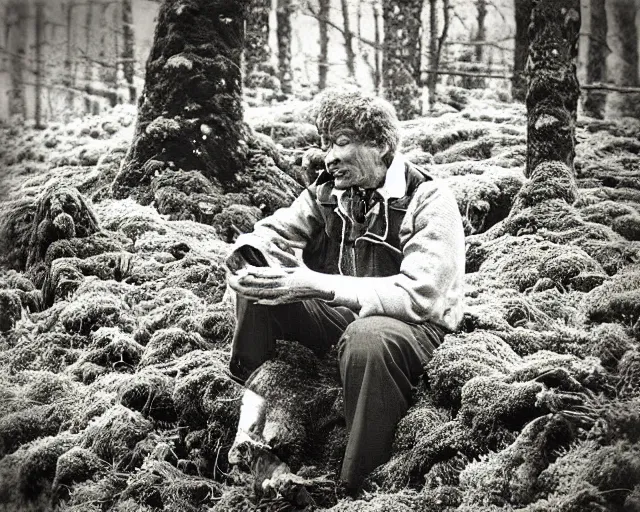 Prompt: “A vintage black and white photograph of a seated man covered with moss and lichen. Wistman's Wood”