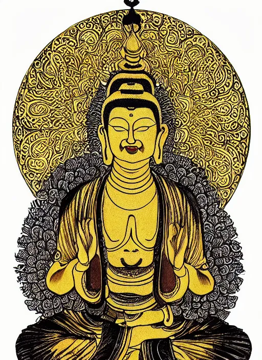 Image similar to detailed pen and ink illustration of a Buddhist bodhisattva with a bears head, anthropomorphic, seated in royal ease, 0.2 black micron pen on white paper, gilded gold halo behind head, highly detailed, fine pen work, white background, in the style of Olivia Kemp