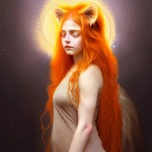 Prompt: Portrait of a girl angel with pale orange colored frizzy strands of illuminated hair, cat ears on her head, glowing halo, Lion's Mane, fantasy, intricate, elegant, highly detailed, digital painting, artstation, concept art, smooth, sharp focus, illustration, art by Krenz Cushart and Artem Demura and alphonse mucha