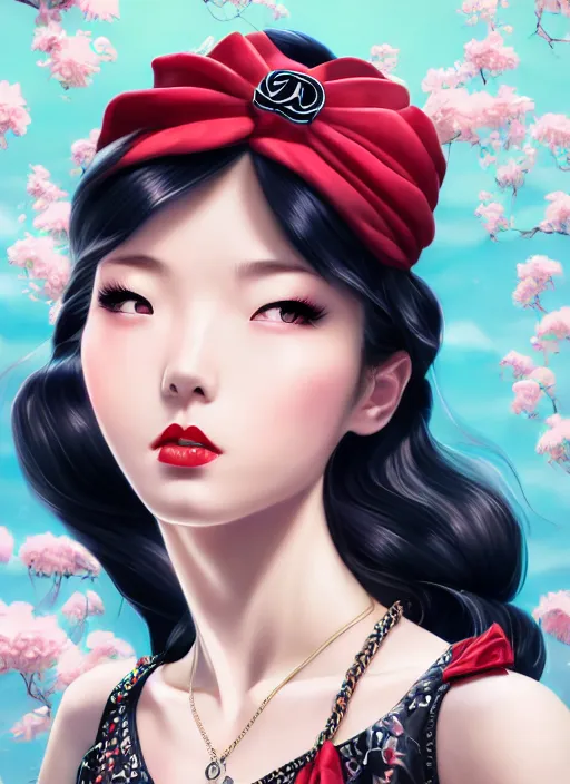 Image similar to a pin up and beautiful fashion dreamlke japan girl with lv jewelry, character art, art by artgerm, wlop, loish, hyperdetailed, 8 k realistic, symmetrical, global illumination, radiant light, frostbite 3 engine, cryengine, dof, trending on artstation, digital art, chanel, dior, detailed background