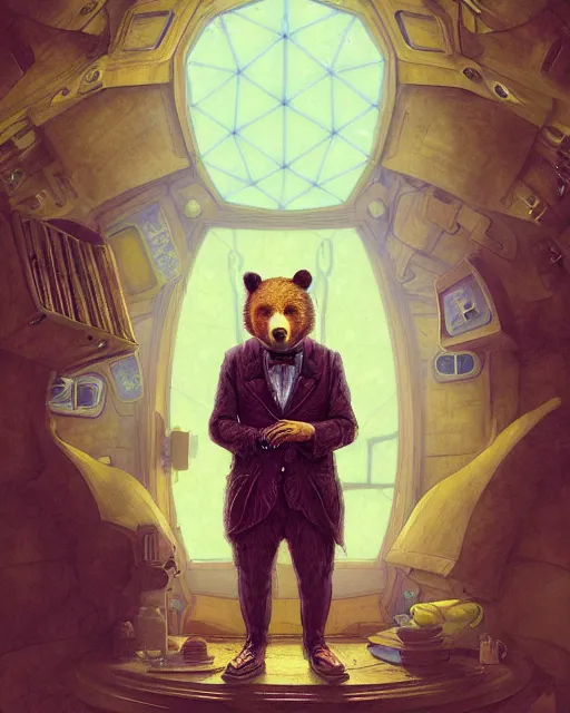 Image similar to anthropomorphic art of a detective bear inside tardis, victorian inspired clothing by artgerm, victo ngai, ryohei hase, artstation. fractal papersand books. highly detailed digital painting, smooth, global illumination, fantasy art by greg rutkowsky, karl spitzweg