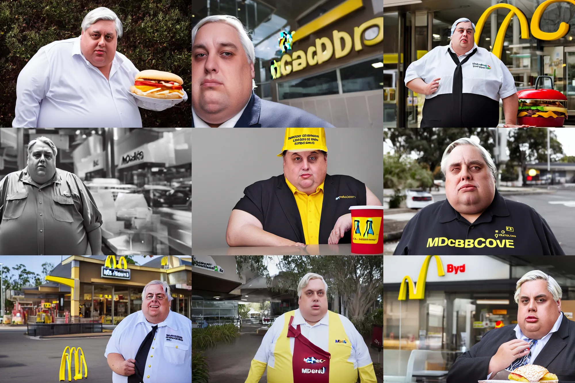 Prompt: morbidly obese Clive Palmer working at McDonalds, uniform covered in food stains, portrait photography, depth of field, bokeh