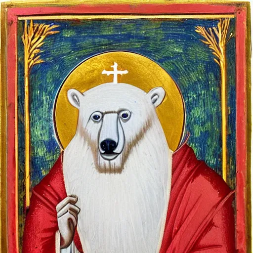 Prompt: Saint Polar Bear of the hinterlands, Byzantine painting