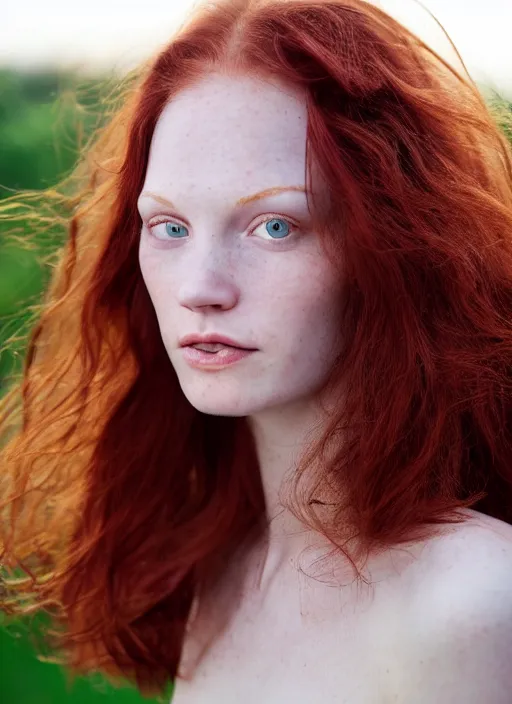 Image similar to close up portrait photograph of a thin young redhead woman with russian descent, sunbathed skin, with deep blue eyes. Wavy long maroon colored hair. she looks directly at the camera. Slightly open mouth, face takes up half of the photo. a park visible in the background. 55mm nikon. Intricate. Very detailed 8k texture. Sharp. Cinematic post-processing. Award winning portrait photography. Sharp eyes.